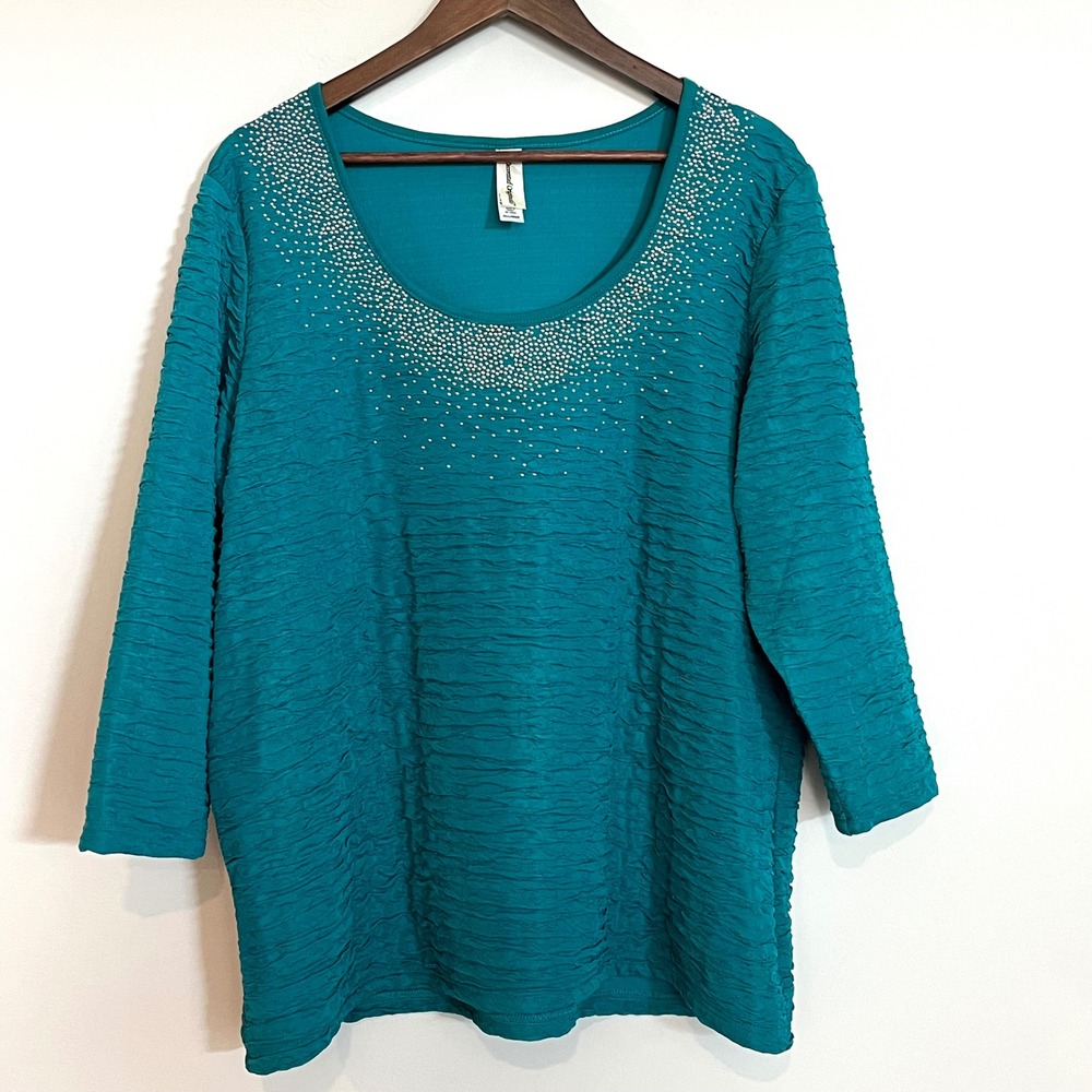 Decorated Originals Teal Blue Textured Rhinestone Neck 3/4 Sleeve Top 2XL